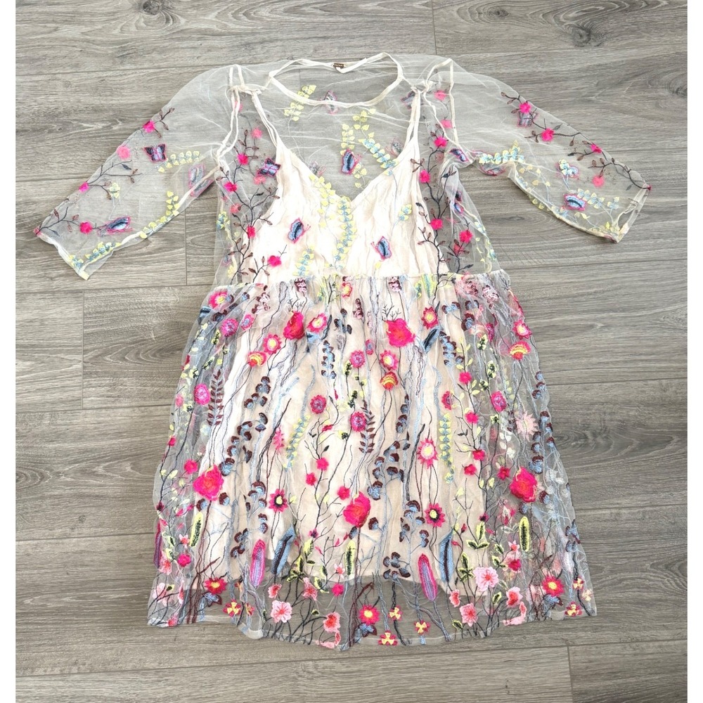 Free People Floral Embroidered Mini Dress XS Oversized Tulle Sheer Festival Boho - Picture 3 of 12